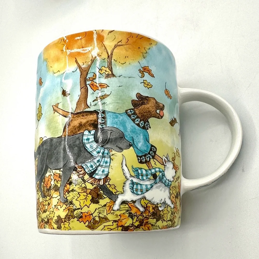 2 Pier 1 Imports Park Ave Lazy Sunday Autumn Dogs, 20 oz Mugs